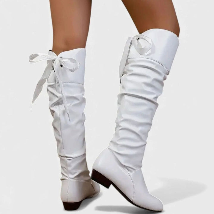 Women's Mid-Calf Slouch Boots Low Heel Bow-Tie Detail