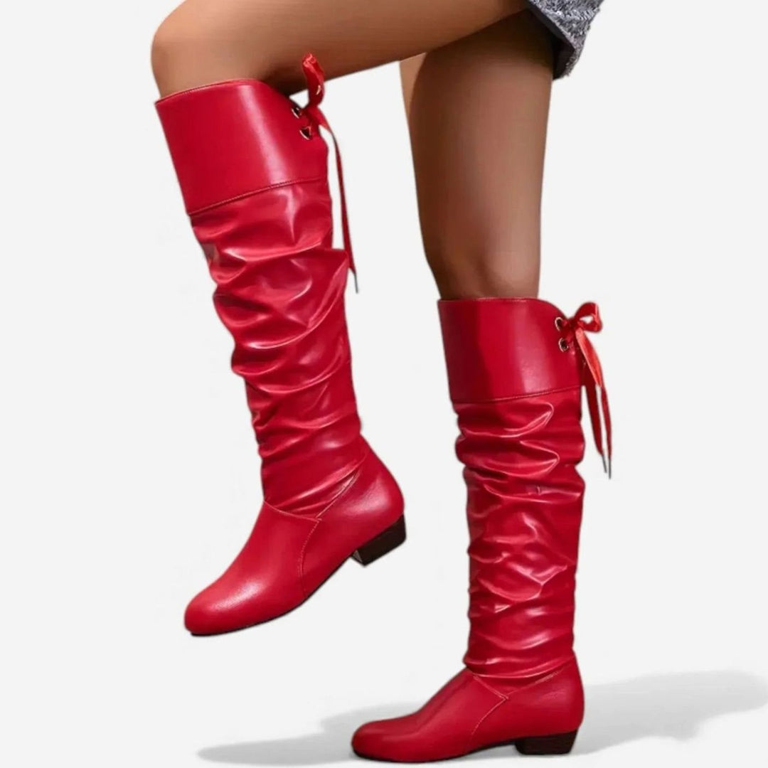 Women's Mid-Calf Slouch Boots Low Heel Bow-Tie Detail
