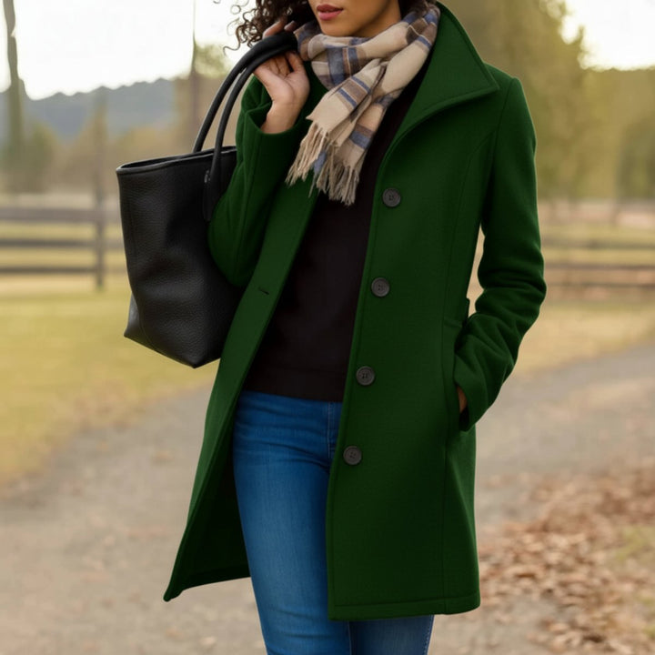 Women's Mid-Length Single-Breasted Button-Front Coat - Dark Green