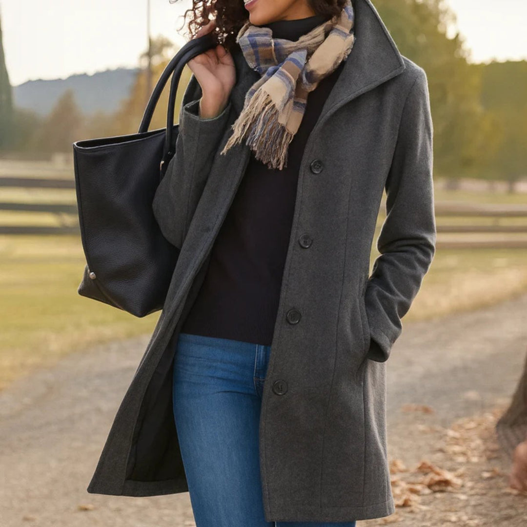 Women's Mid-Length Single-Breasted Button-Front Coat - Gray