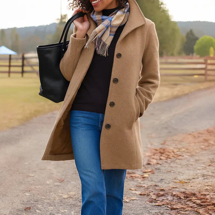 Women's Mid-Length Single-Breasted Button-Front Coat - Khaki