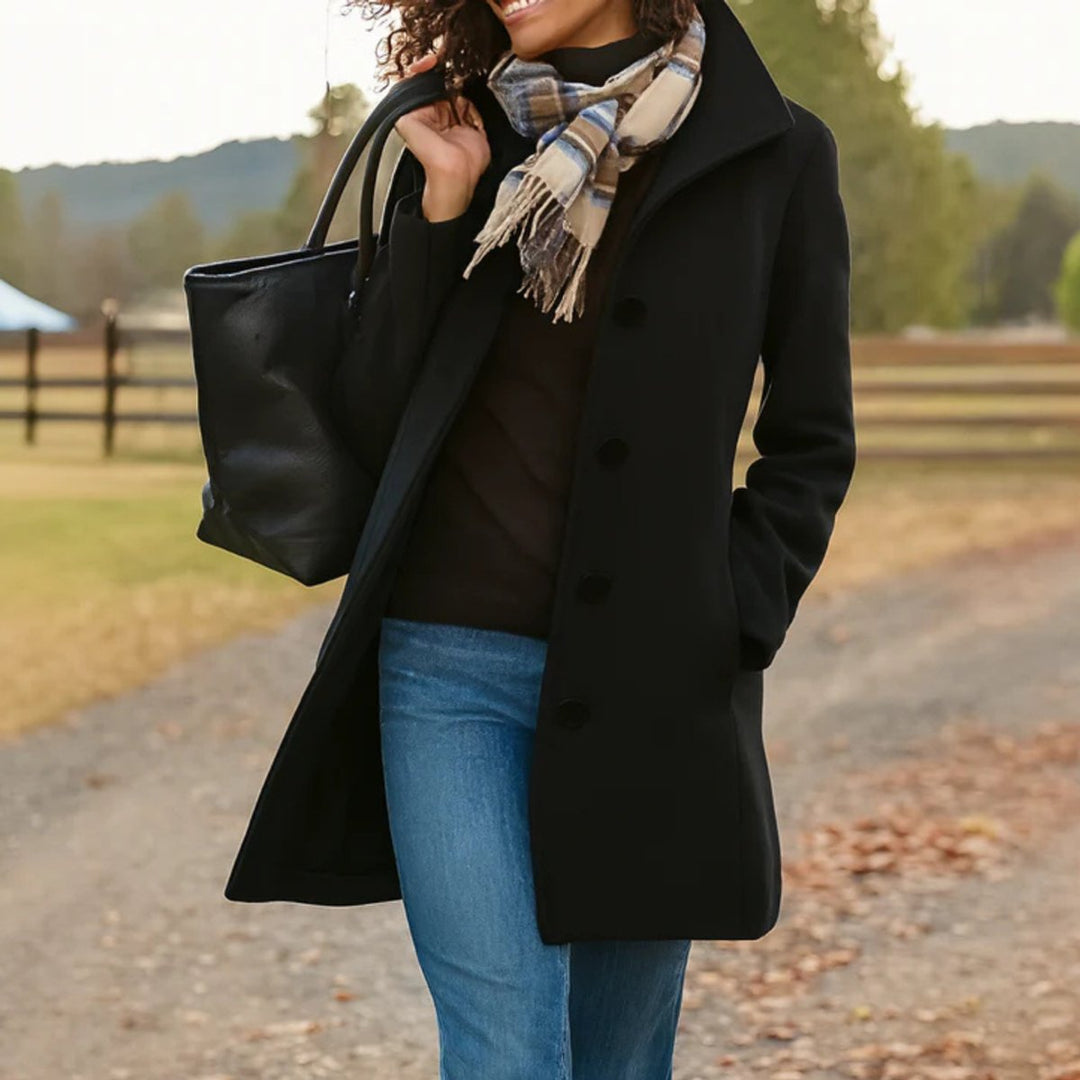 Women's Mid-Length Single-Breasted Button-Front Coat - Black