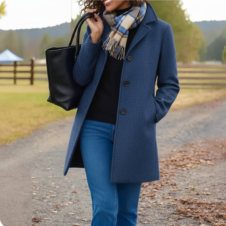 Women's Mid-Length Single-Breasted Button-Front Coat - Blue