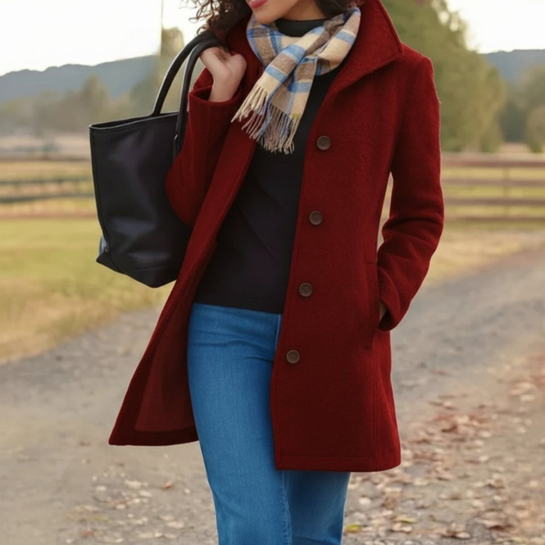 Women's Mid-Length Single-Breasted Button-Front Coat - Red