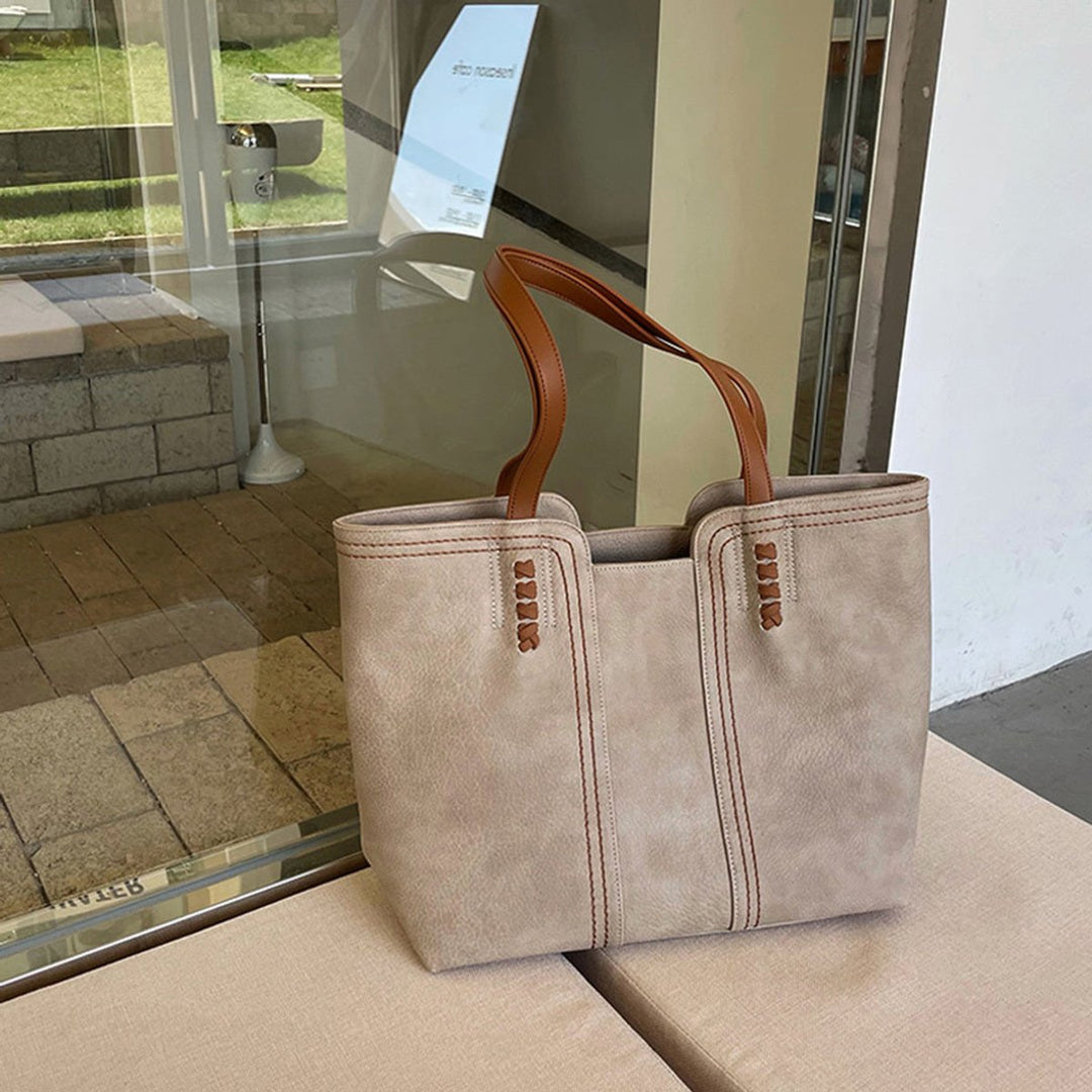 Women's Minimalist Vegan Leather Large Tote Bag - Khaki