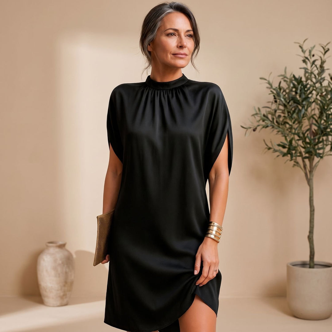 Women's Mock-Neck Batwing-Sleeve Effortless Elegance Midi Dress - Black