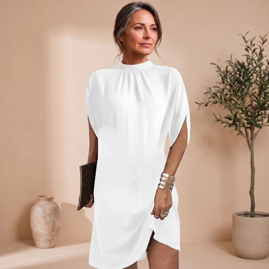 Women's Mock-Neck Batwing-Sleeve Effortless Elegance Midi Dress - White