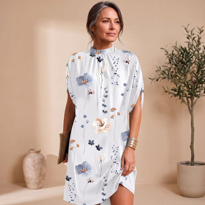 Women's Mock-Neck Batwing-Sleeve Effortless Elegance Midi Dress - White Print