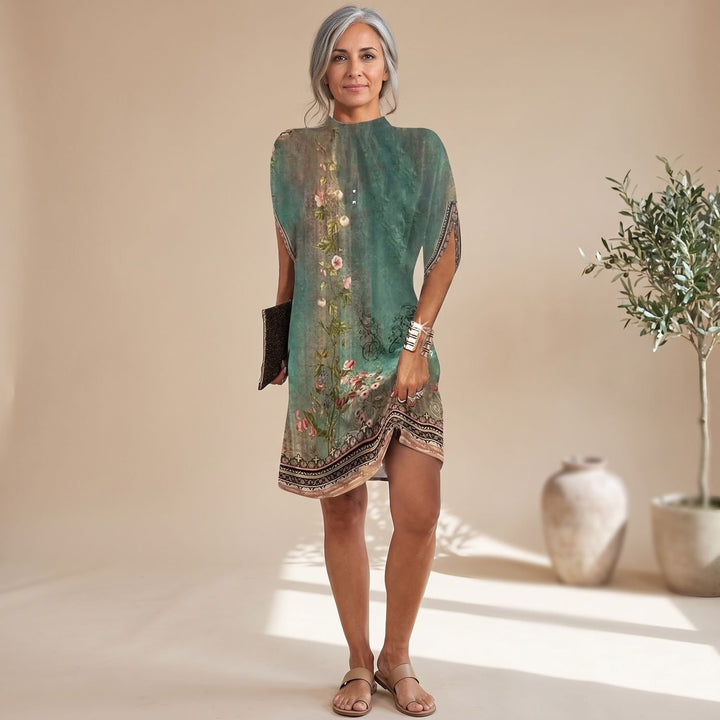 Women's Mock-Neck Batwing-Sleeve Effortless Elegance Midi Dress - Green Print