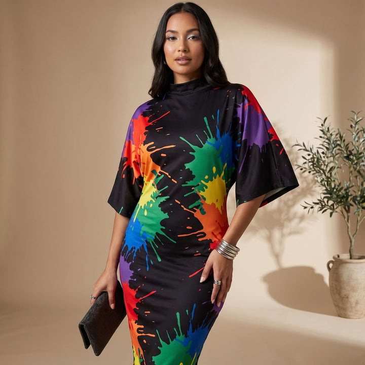 Women's Mock-Neck Batwing-Sleeve Effortless Elegance Midi Dress - Multicolor Print