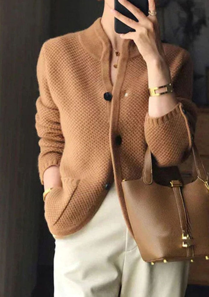 Women's Mock-Neck Button-Up Knit Cardigan Sweater - Camel
