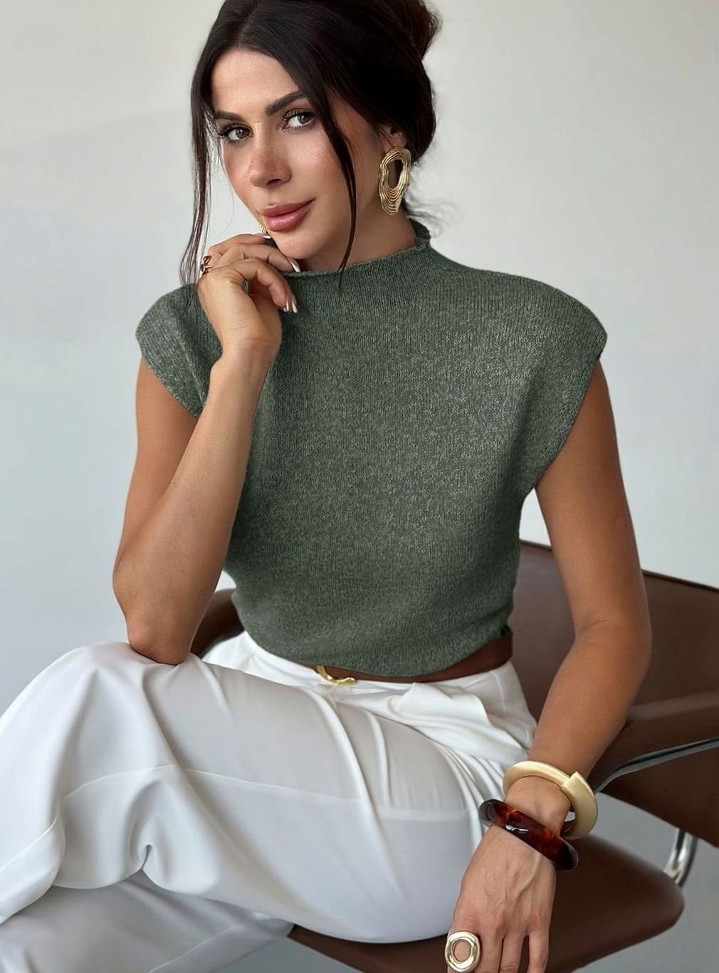Women's Mock Neck Cap-Sleeve Knit Sweater Vest