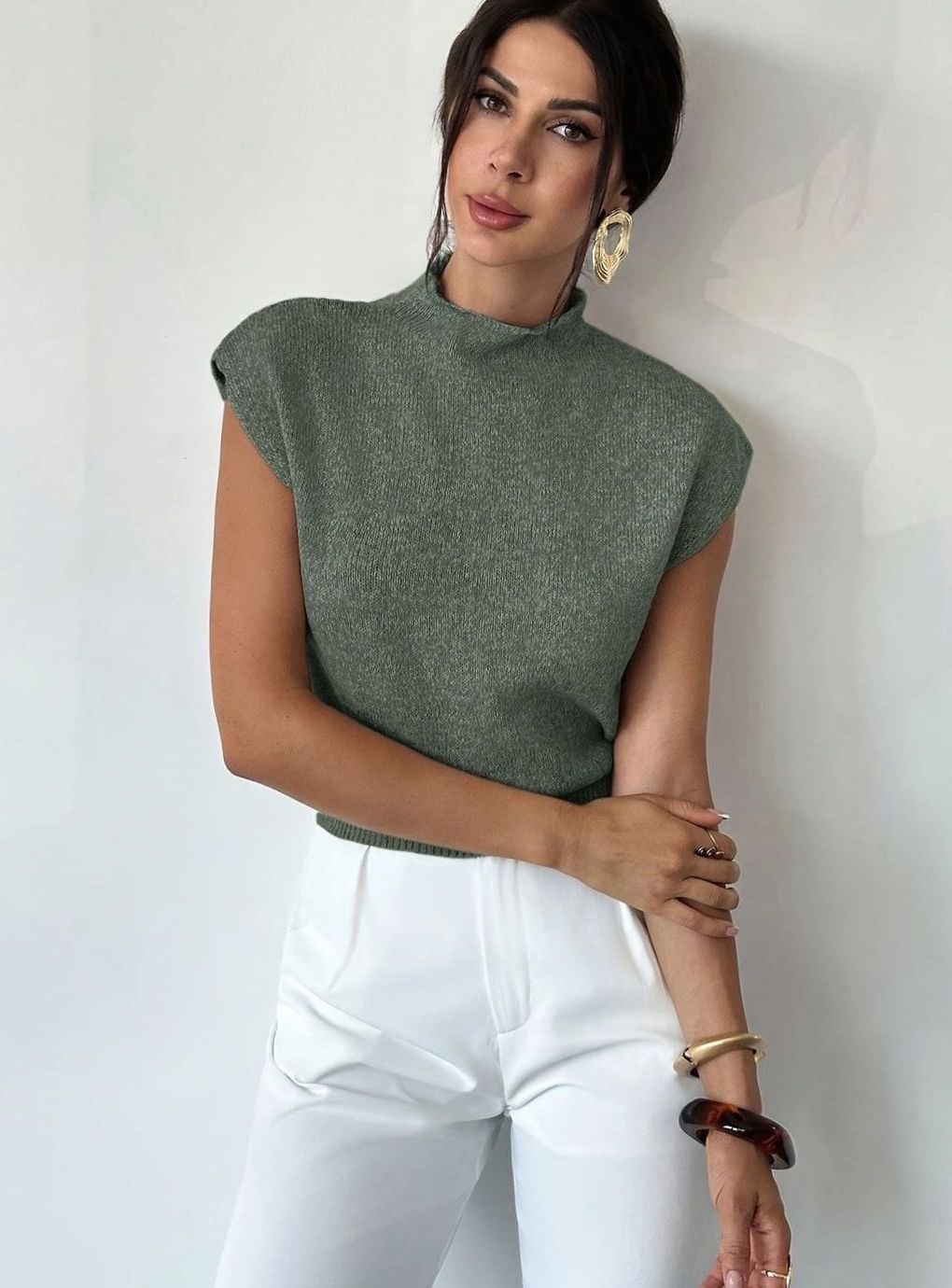 Women's Mock Neck Cap-Sleeve Knit Sweater Vest