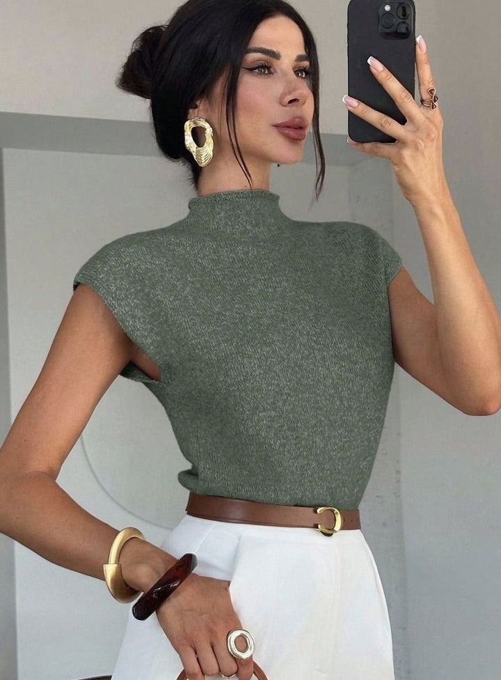Women's Mock Neck Cap-Sleeve Knit Sweater Vest