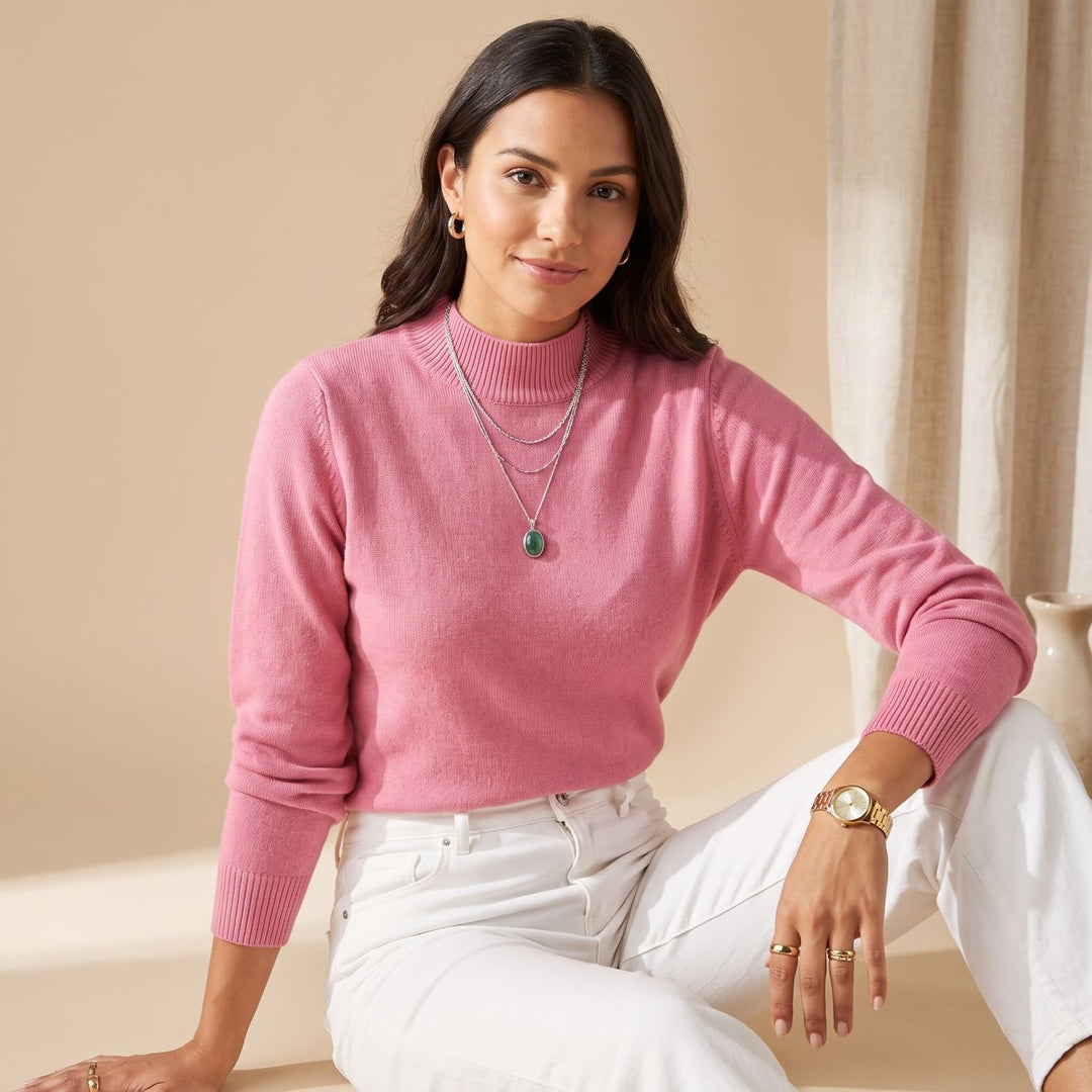 Women's Mock-Neck Relaxed-Fit Knit Sweater - Light Pink