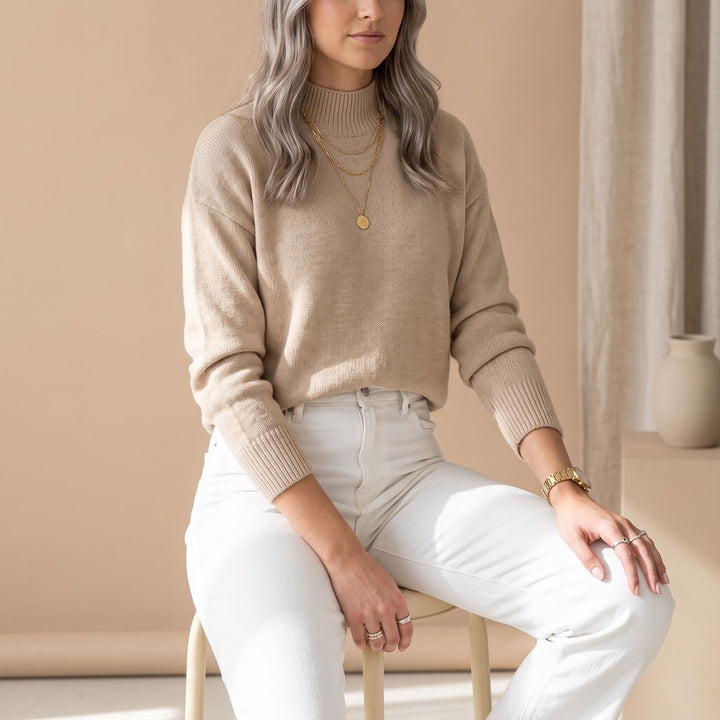 Women's Mock-Neck Relaxed-Fit Knit Sweater - Beige
