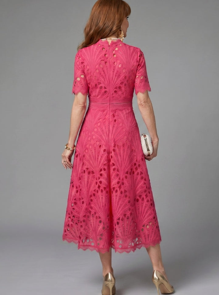 Women's Mock-Neck Short-Sleeve Eyelet Lace Midi Cocktail Dress