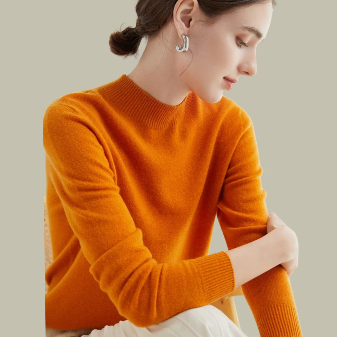 Women's Mock Neck Slim Fit Merino Wool Sweaters Long Sleeve Pullover - Pumpkin