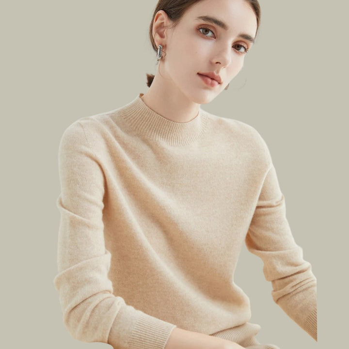Women's Mock Neck Slim Fit Merino Wool Sweaters Long Sleeve Pullover - Beige