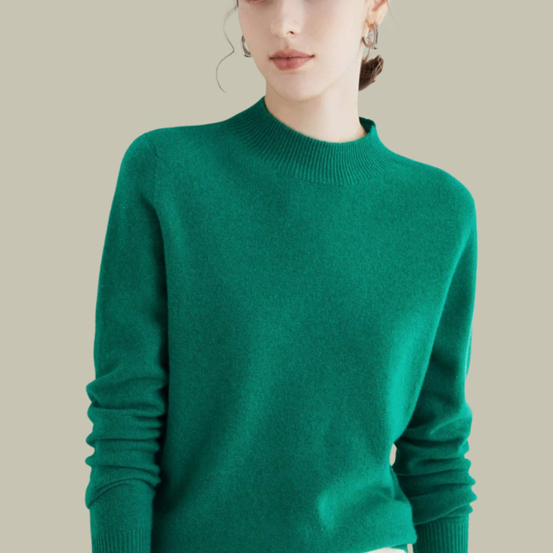 Women's Mock Neck Slim Fit Merino Wool Sweaters Long Sleeve Pullover - Jacquard Green
