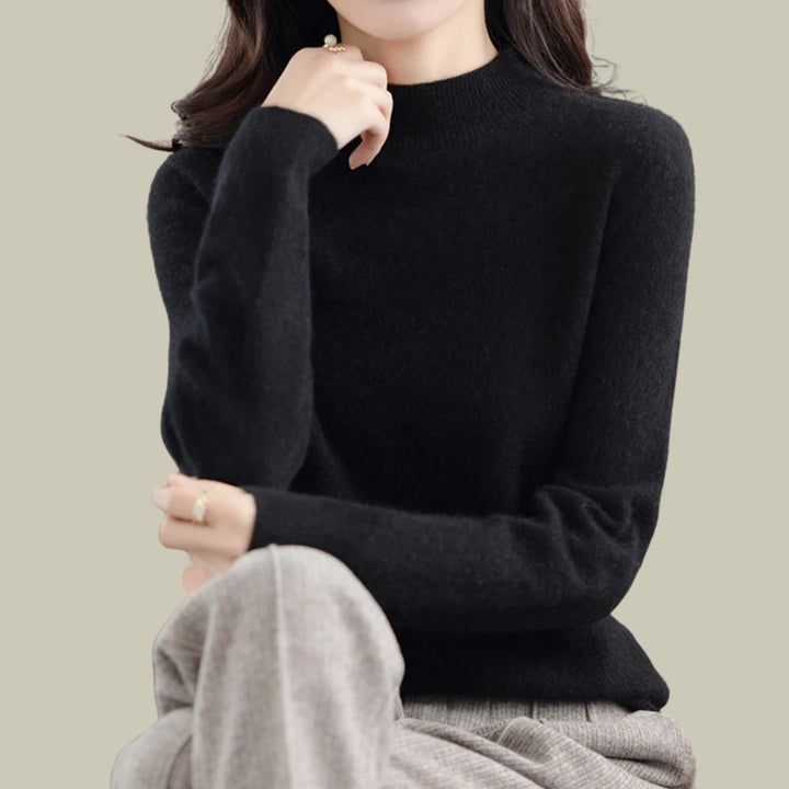 Women's Mock Neck Slim Fit Merino Wool Sweaters Long Sleeve Pullover - Black