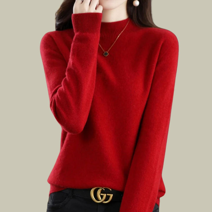 Women's Mock Neck Slim Fit Merino Wool Sweaters Long Sleeve Pullover - Wine Red