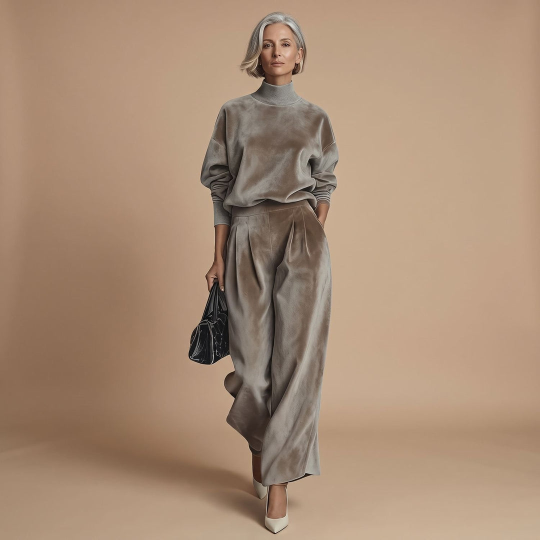 Women's Mock-Neck Wide-Leg Two Piece Set Lounge Outfit - Light Brown