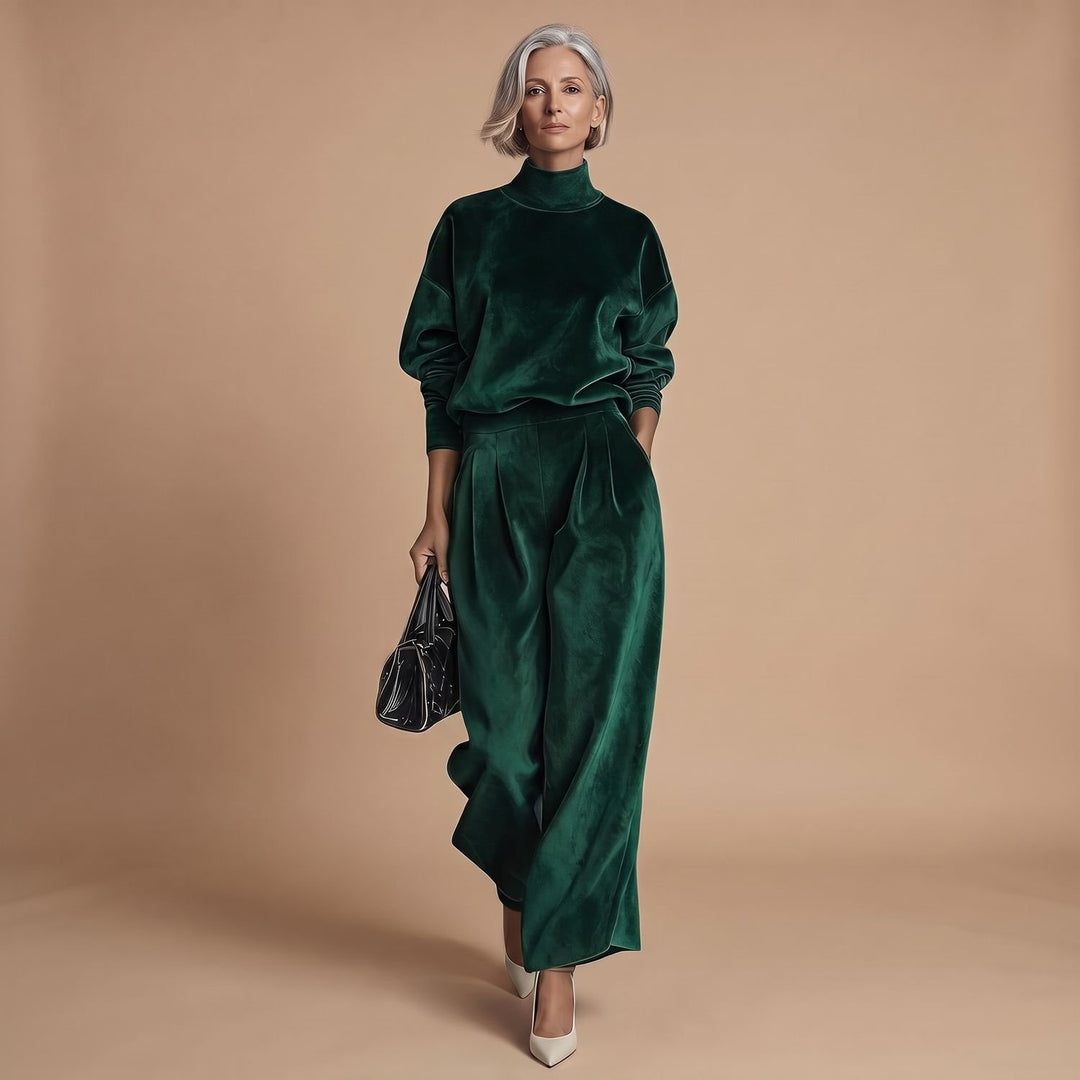 Women's Mock-Neck Wide-Leg Two Piece Set Lounge Outfit - Dark Green