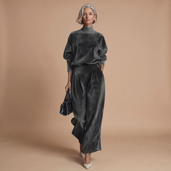 Women's Mock-Neck Wide-Leg Two Piece Set Lounge Outfit - Dark Gray
