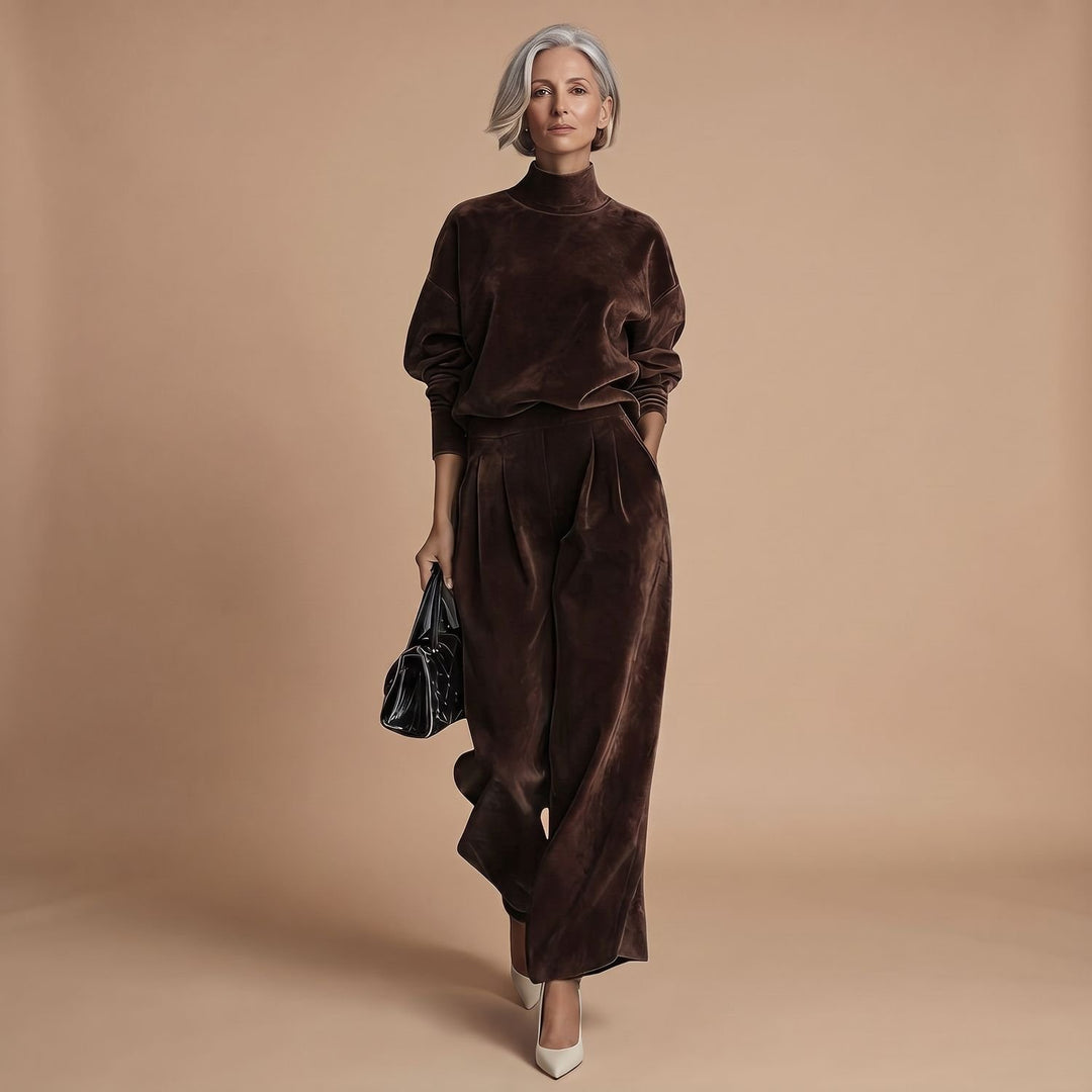 Women's Mock-Neck Wide-Leg Two Piece Set Lounge Outfit - Brown