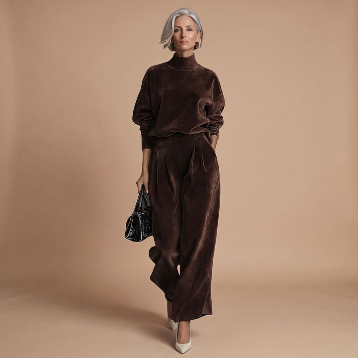 Women's Mock-Neck Wide-Leg Two Piece Set Lounge Outfit - Brown