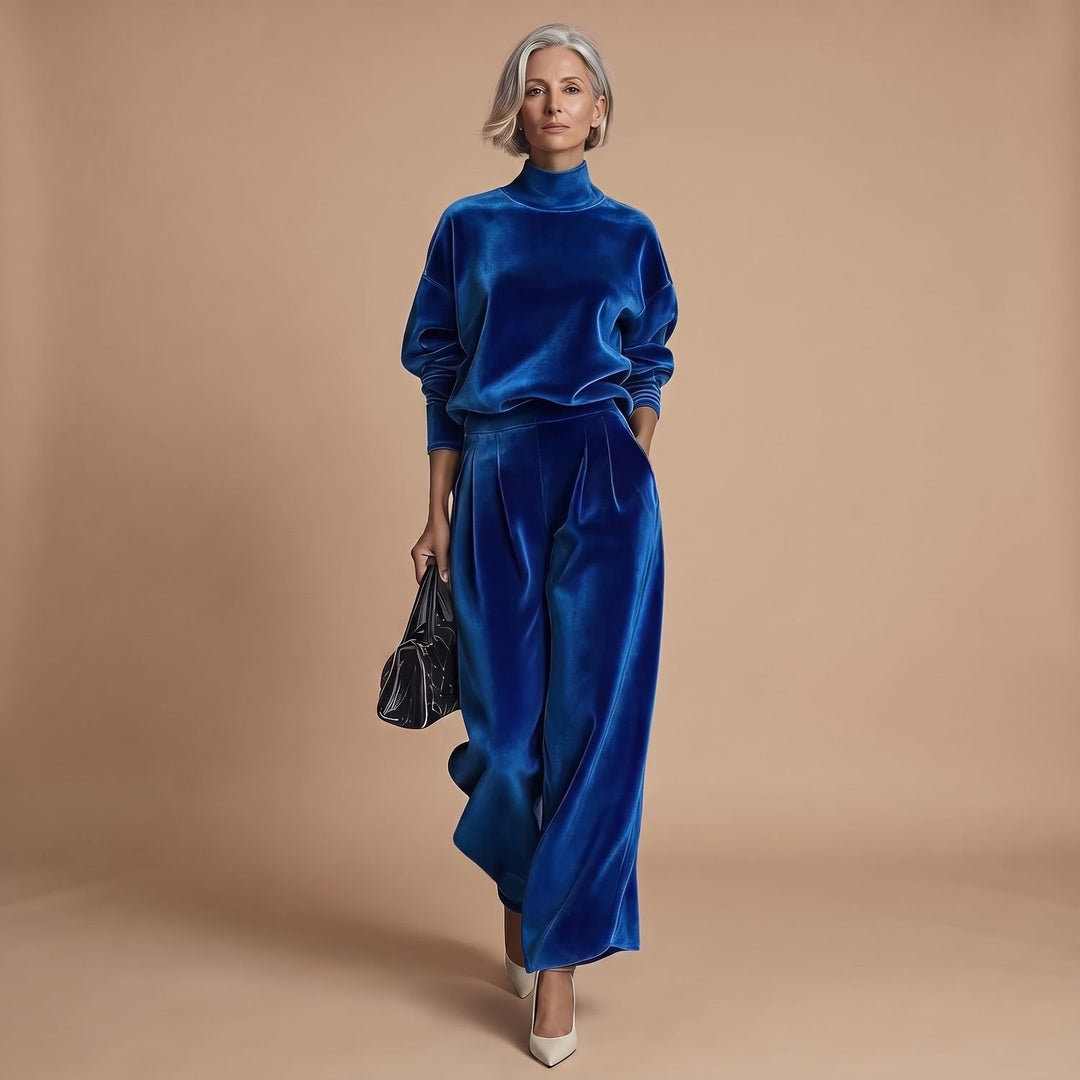 Women's Mock-Neck Wide-Leg Two Piece Set Lounge Outfit - Blue