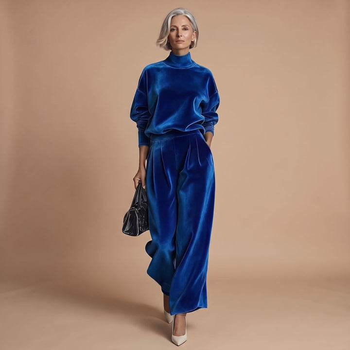Women's Mock-Neck Wide-Leg Two Piece Set Lounge Outfit - Blue