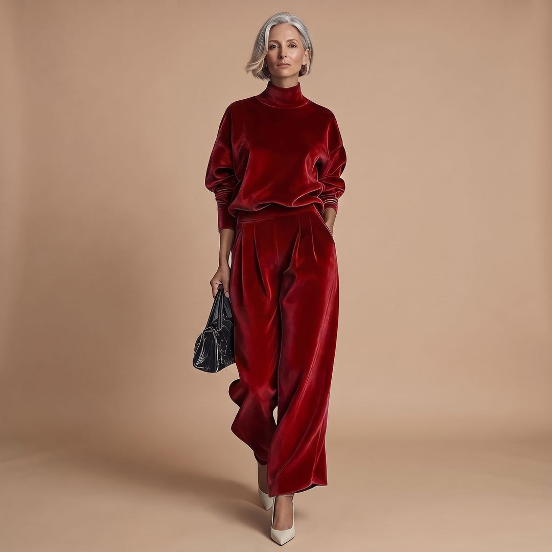 Women's Mock-Neck Wide-Leg Two Piece Set Lounge Outfit - Red
