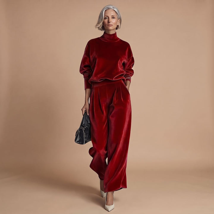 Women's Mock-Neck Wide-Leg Two Piece Set Lounge Outfit - Red