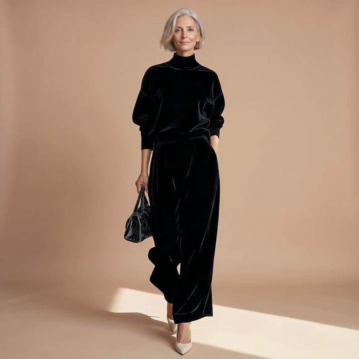 Women's Mock-Neck Wide-Leg Two Piece Set Lounge Outfit - Black