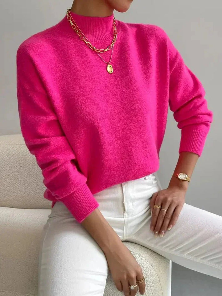 Women's Mock Turtleneck Relaxed-Fit Long-Sleeve Sweater - Pink