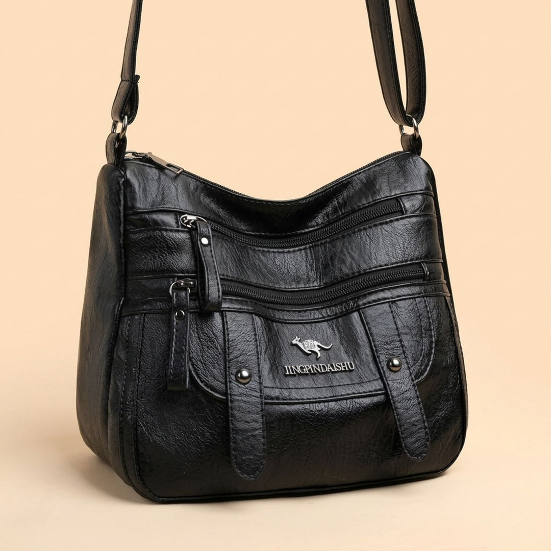 Women's Multi-Pocket Zip-Top Faux Leather Crossbody Shoulder Bag - Black