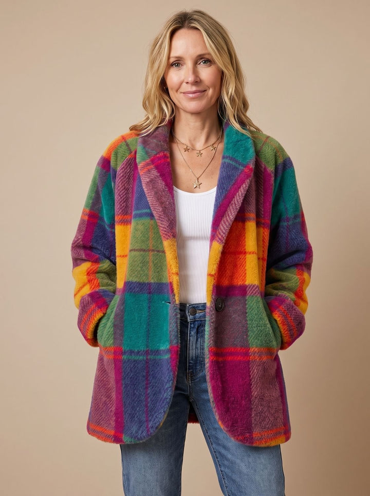 Women's Multicolor Plaid Fleece Button-Front Coat with Pockets - Rainbow