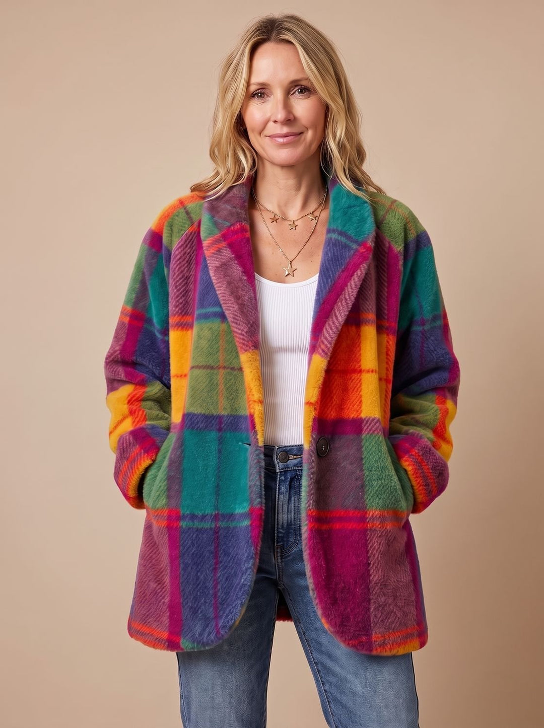 Women's Multicolor Plaid Fleece Button-Front Coat with Pockets - Sun