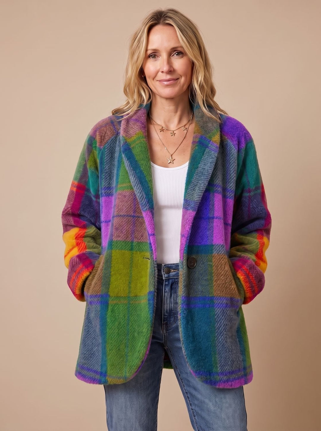 Women's Multicolor Plaid Fleece Button-Front Coat with Pockets - Neptune
