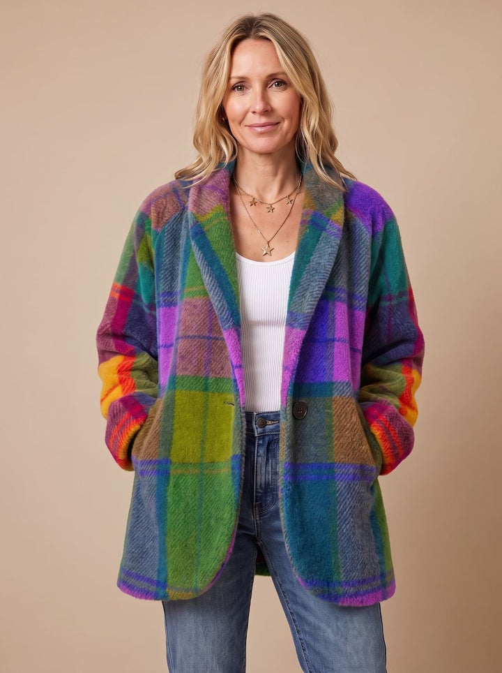 Women's Multicolor Plaid Fleece Button-Front Coat with Pockets - Neptune