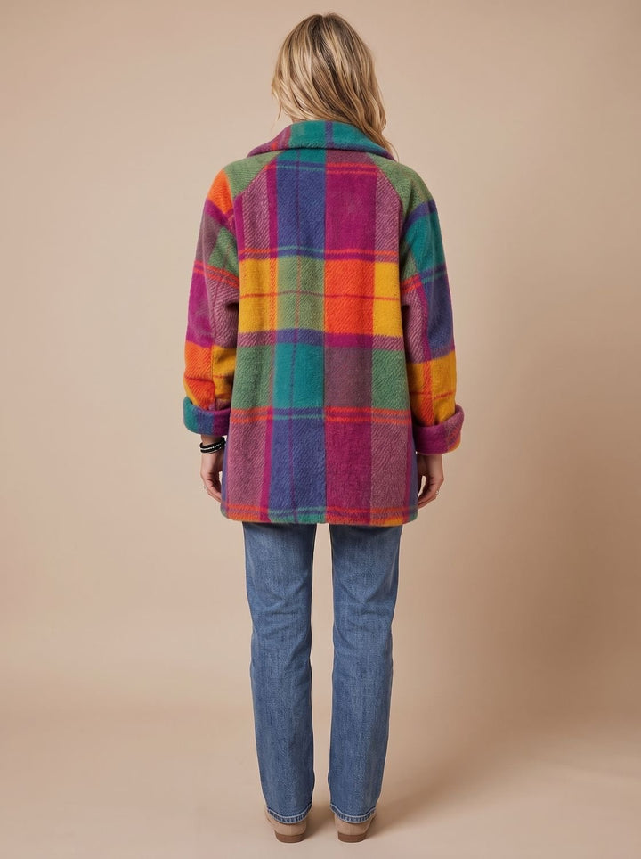 Women's Multicolor Plaid Fleece Button-Front Coat with Pockets