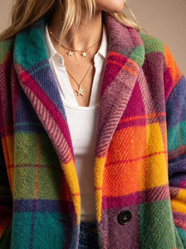 Women's Multicolor Plaid Fleece Button-Front Coat with Pockets