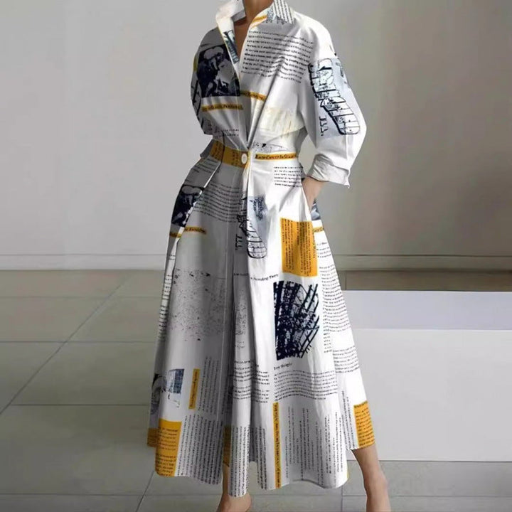 Women's Newspaper Print Collared Front-Wrap Flowy Maxi Dress