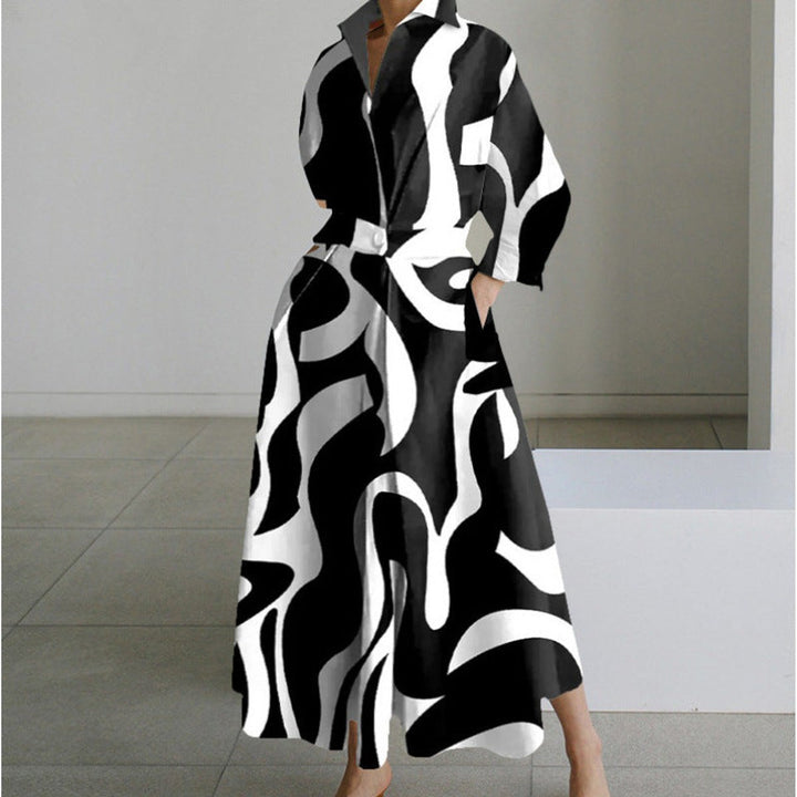 Women's Newspaper Print Collared Front-Wrap Flowy Maxi Dress - Black Stripe