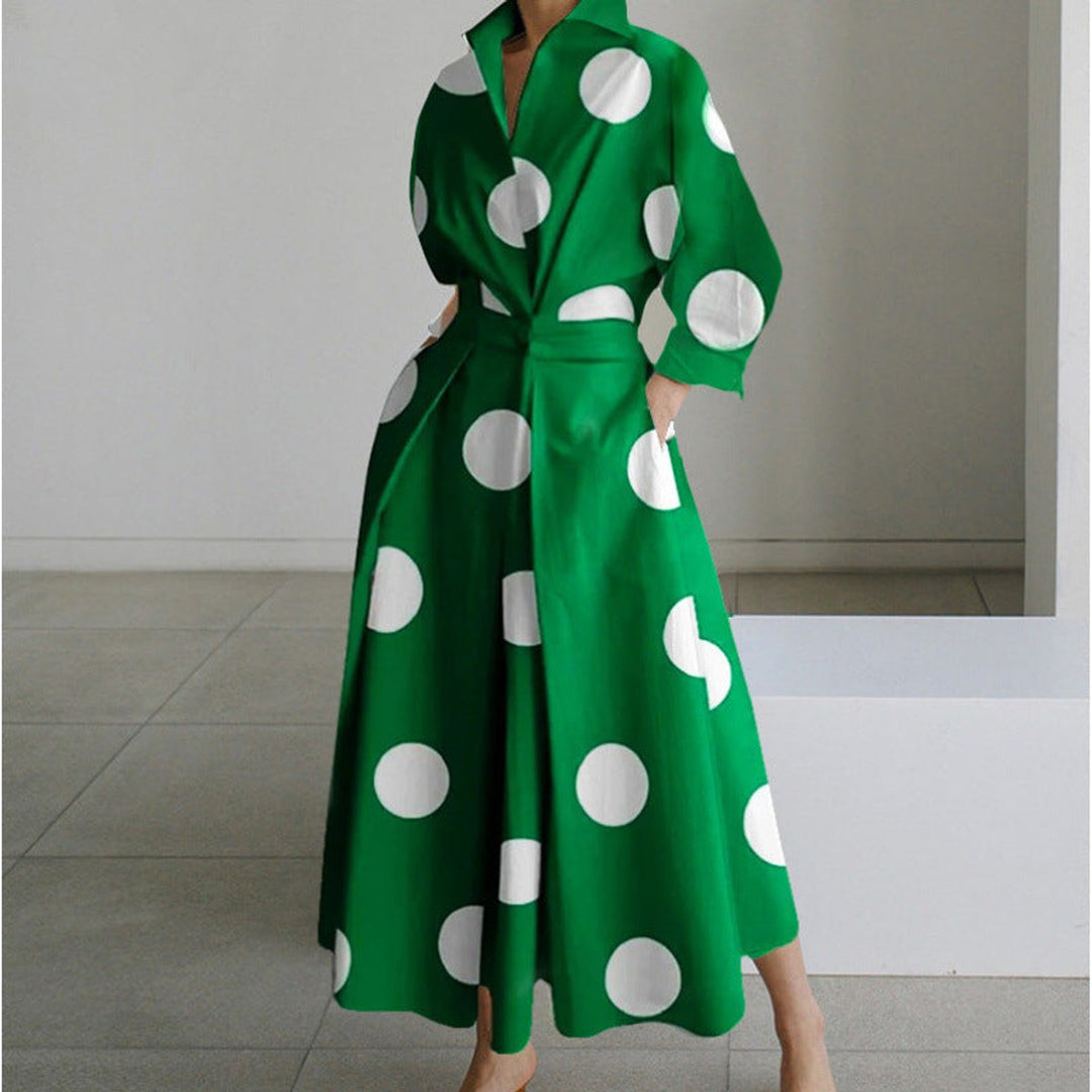 Women's Newspaper Print Collared Front-Wrap Flowy Maxi Dress - Green Polka Dot
