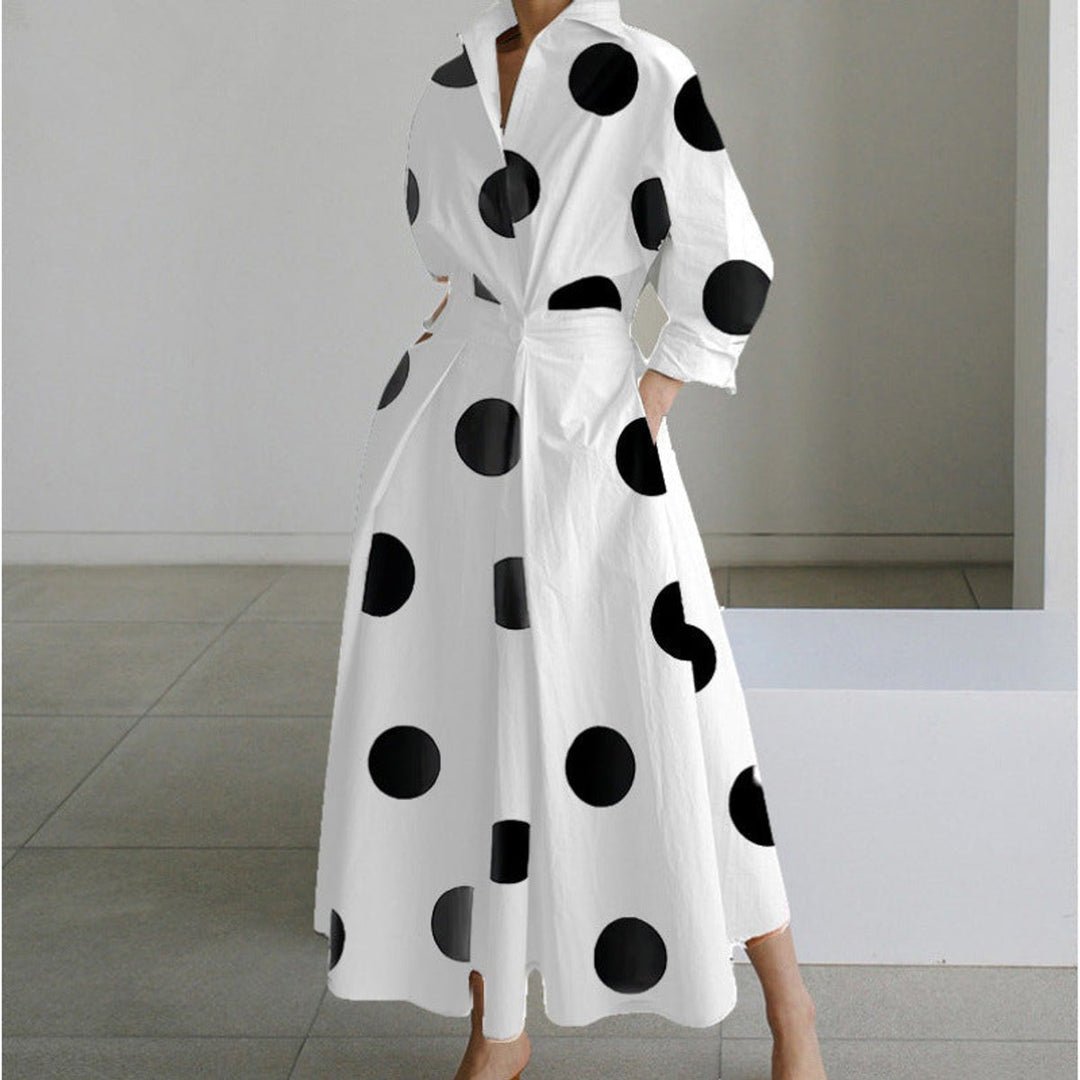Women's Newspaper Print Collared Front-Wrap Flowy Maxi Dress - White Polka Dot