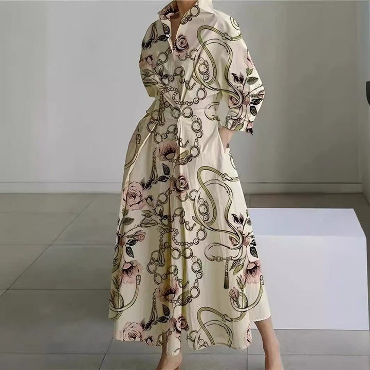 Women's Newspaper Print Collared Front-Wrap Flowy Maxi Dress - Gold Chain Print