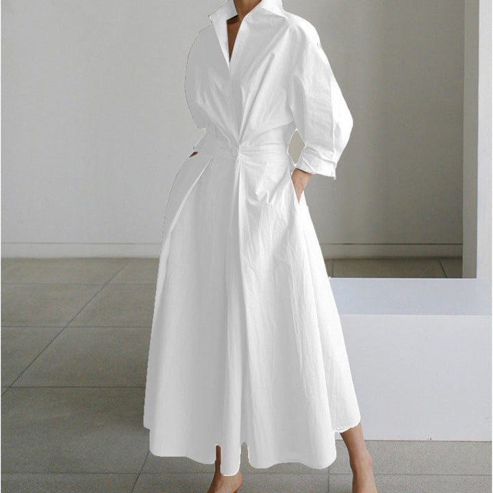 Women's Newspaper Print Collared Front-Wrap Flowy Maxi Dress - White